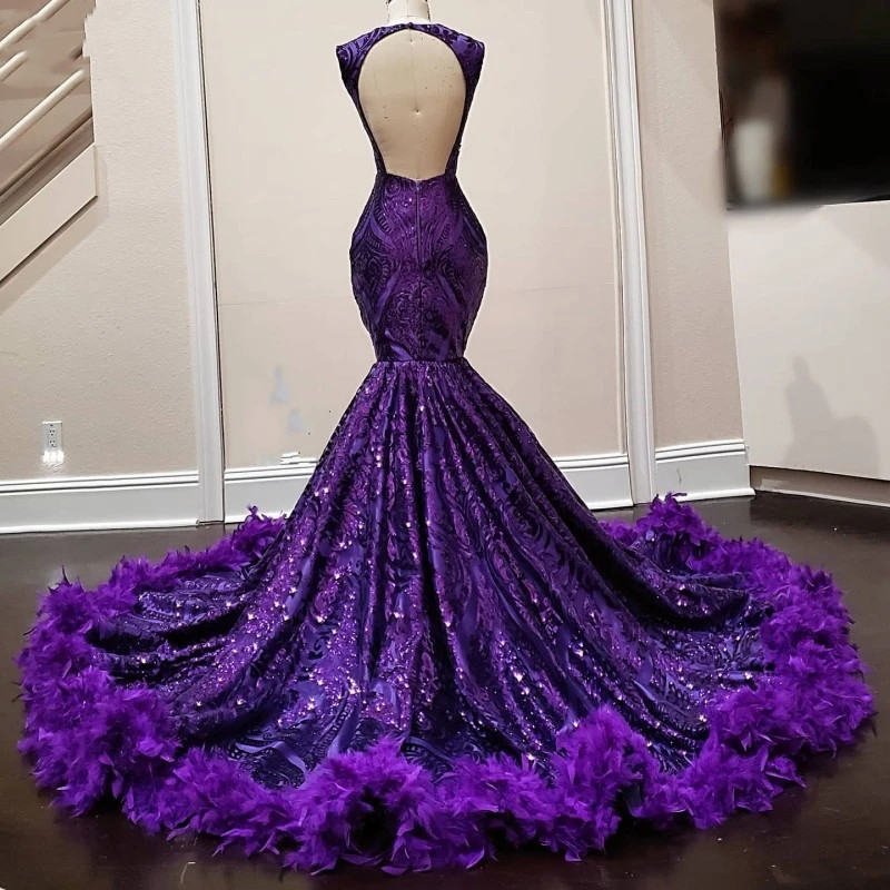 Purple Feathers Mermaid Prom Dresses For Black Girl Sequin Birthday Women Party Dresses 2023 Robes De Bal Evening Gowns