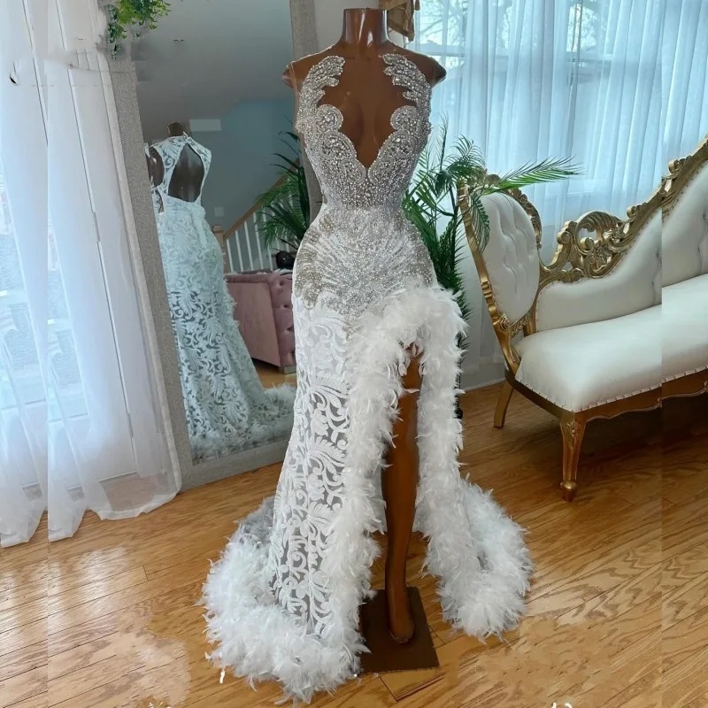 DIAMME PROM Robes 2024 Lace Lace Rhingestone Feathers Sirène Robes de soirée Robe Backless Robes De Soberee