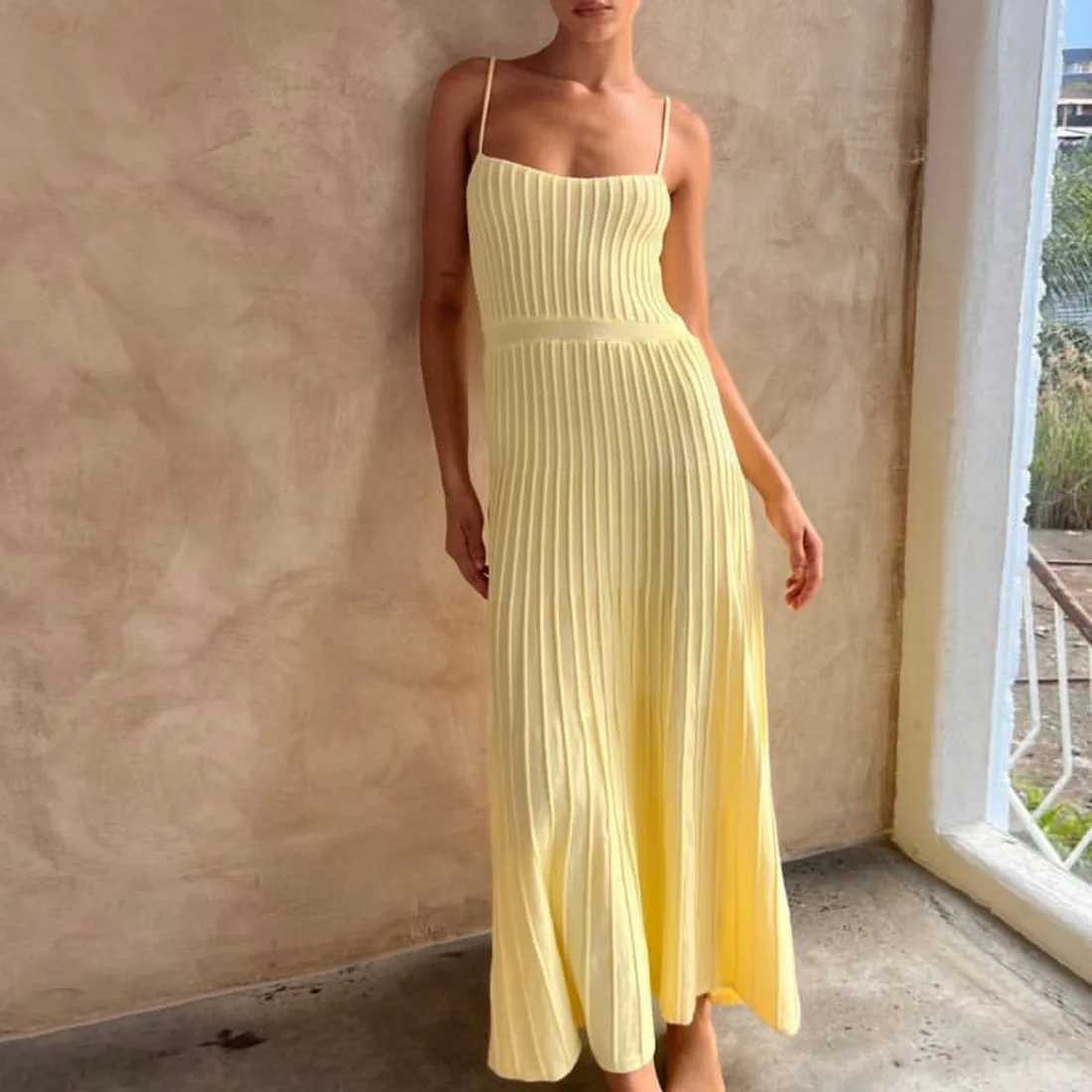 Basic Casual Dresses Knitted pleated long skirt high waisted Midi suspender dress elegant sleeveless yellow dress womens street clothing black ti-image-945049995
