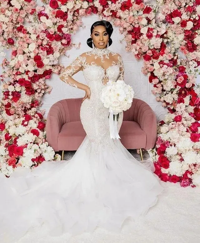 Gorgeous Mermaid Beaded Wedding Gowns 2023 Sheer Long Sleeves Sweep Train Plus Size Bridal Party Dresses For Arabic Women Vestidos De Novia