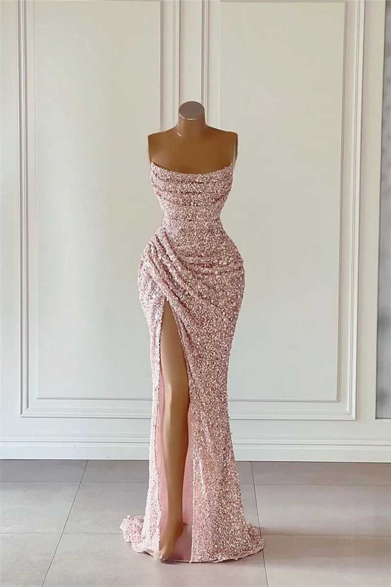 Rose Gold Pink Sequins Prom Dresses Sexy Mermaid Strapless Split High Evening Gowns African Girls Formal Party Occasion Gowns BC15182