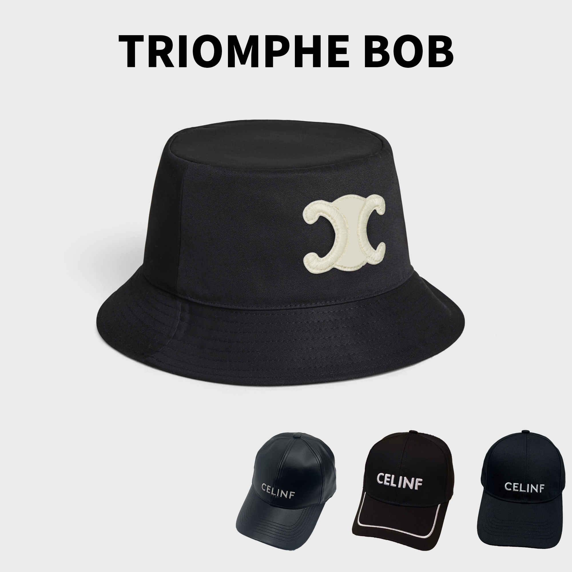 CELINF TRIOMPHE Chapeaux de seau à large bord Casquettes de créateurs de luxe Hommes et femmes TRIOMPHE Logo tatoué BOB EN COTON GABARDINE Chapea