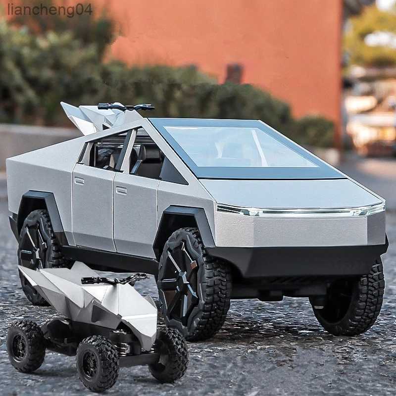 Diecast Model Cars 1/24 Teslas Cybertruck Pickup Alloy Car Model Diecasts Metal Toy Off-road Vehicles Truck Model Simulation Sound Light Kids Gif-image-945393387