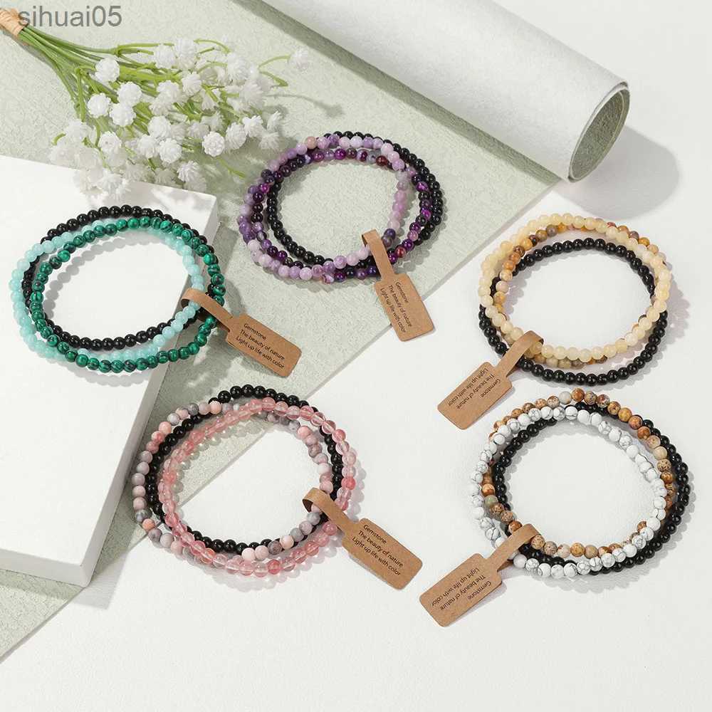 Beaded 3pcs/set 4mm Natural Stone Beads Bracelet Purple Mica Tree Moss Agates Quartzs Stretch Bracelet Set With Tag For Women Men YQ240226-image-945764661