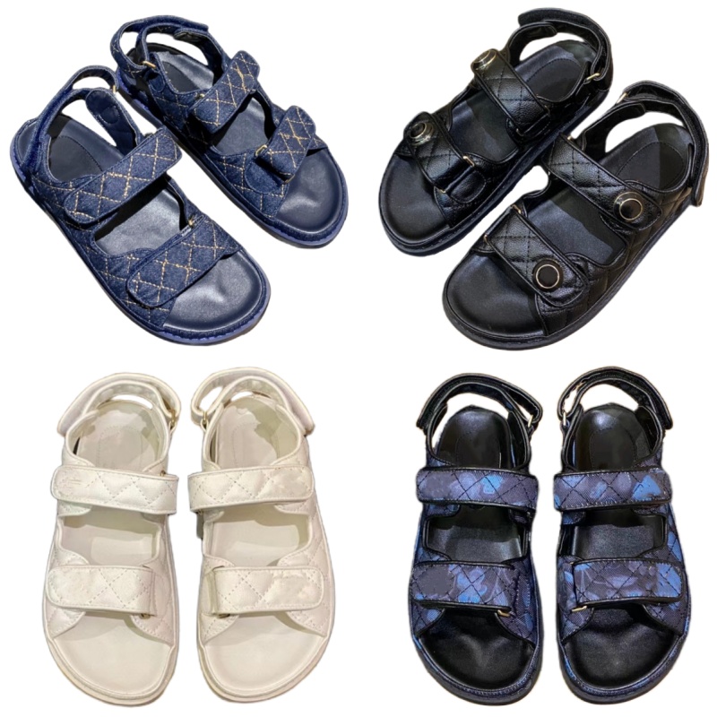 Top leather sandals luxury women's designer shoes plaid leather slippers calf jelly color platform shoes summer beach circular hoop&loop fla-image-844118313