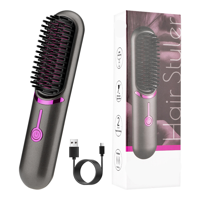 USB Rechargeable Portable Cordless Heated Comb Beard Comb Hair Straightener Brush Multi-function Wireless Straight Hair Comb Curling Iron for Tra-image-945691010