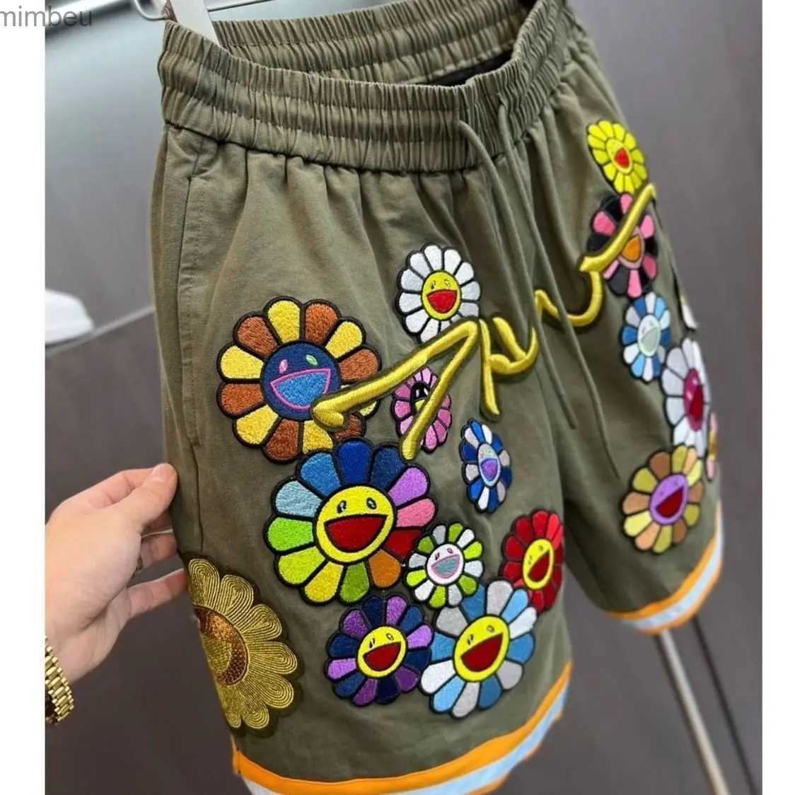 Men's Shorts Trend New Embroidered Gold Thread Sunflower Shorts Mens Loose Work Wear Sports Pants Thin Versatile Capris 240226-image-946535895