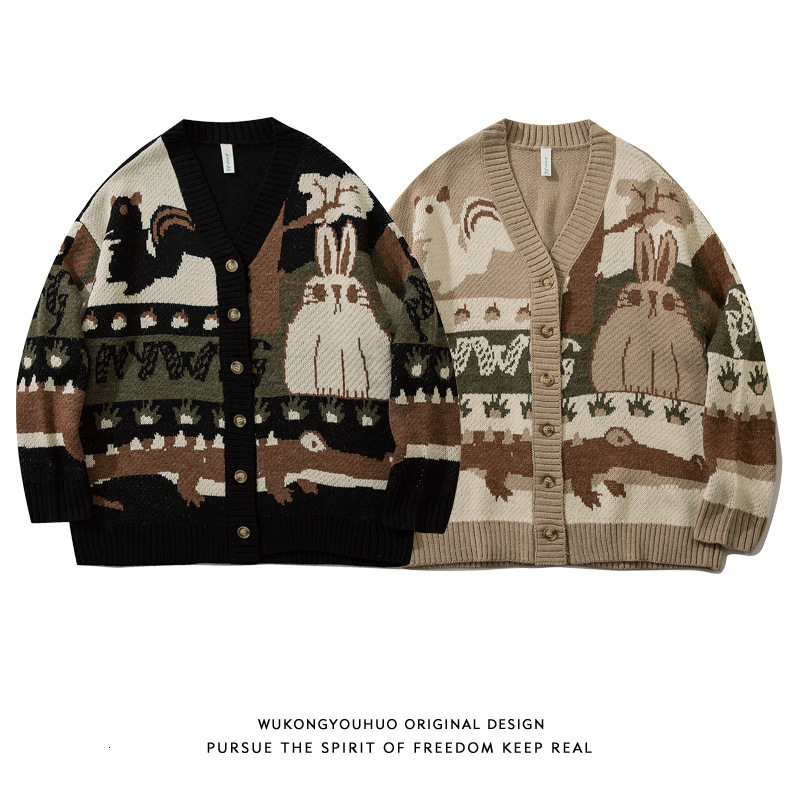 Men's Sweaters Vintage Cute Animal Graphic Knitted Jumper Mens Harajuku College Style Casual Loose O-Neck Pullover Couples Streetwear 220930