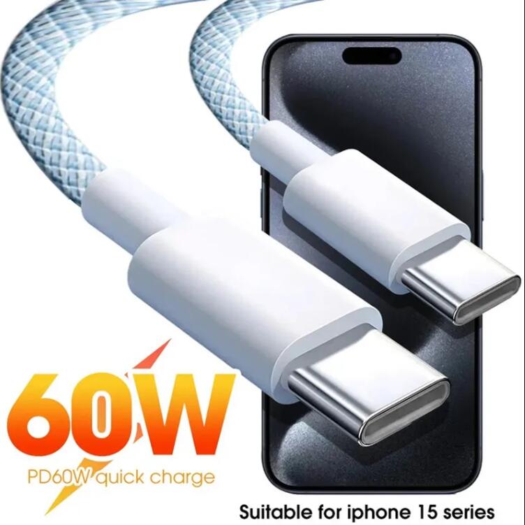 60W PD Type-C to C Cable for iP 15 MacBook Pro IPad Pro Fast Charging Cables For Samsung Xiaomi Huawei Data 1M Wire Type C Best Quality With Box-image-750330932