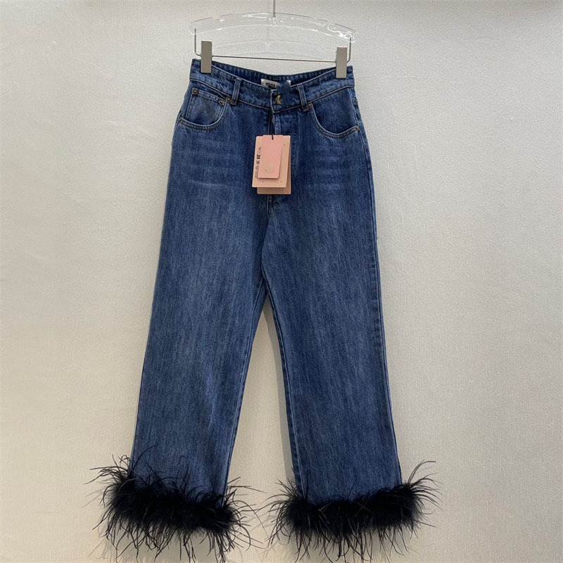 Livraison gratuite 2024 bleu droit ample femmes jean concepteur à la main en plumes d'autruche Denim pantalon pour femmes filles 22709