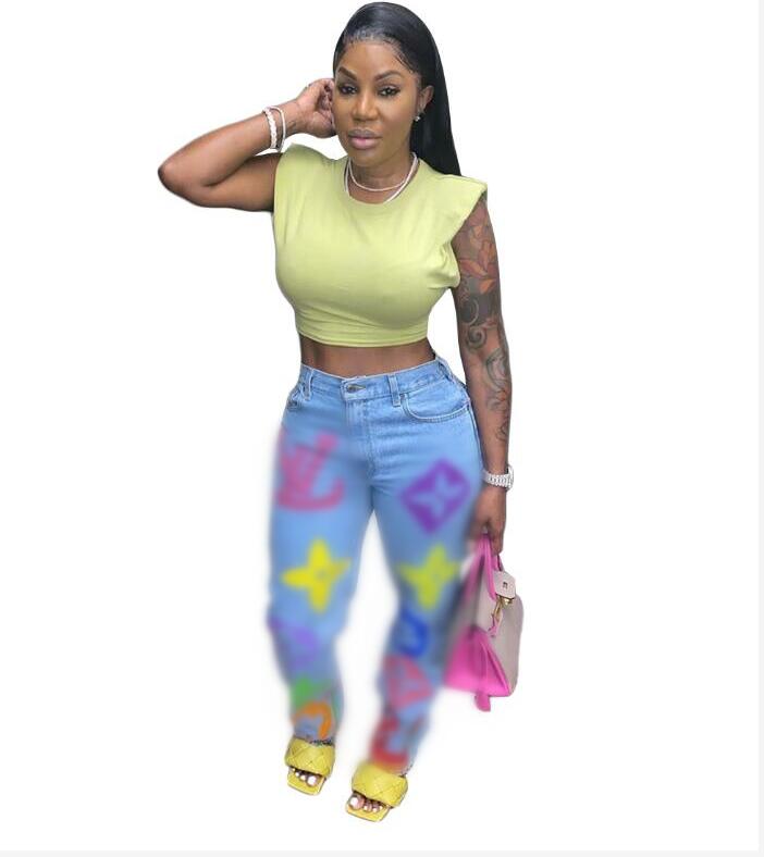 Nouvelle marque designer pantalon en jean femme casual polyvalent fleurs imprimées contrastées taille haute bleu délavé long jean tendance fille