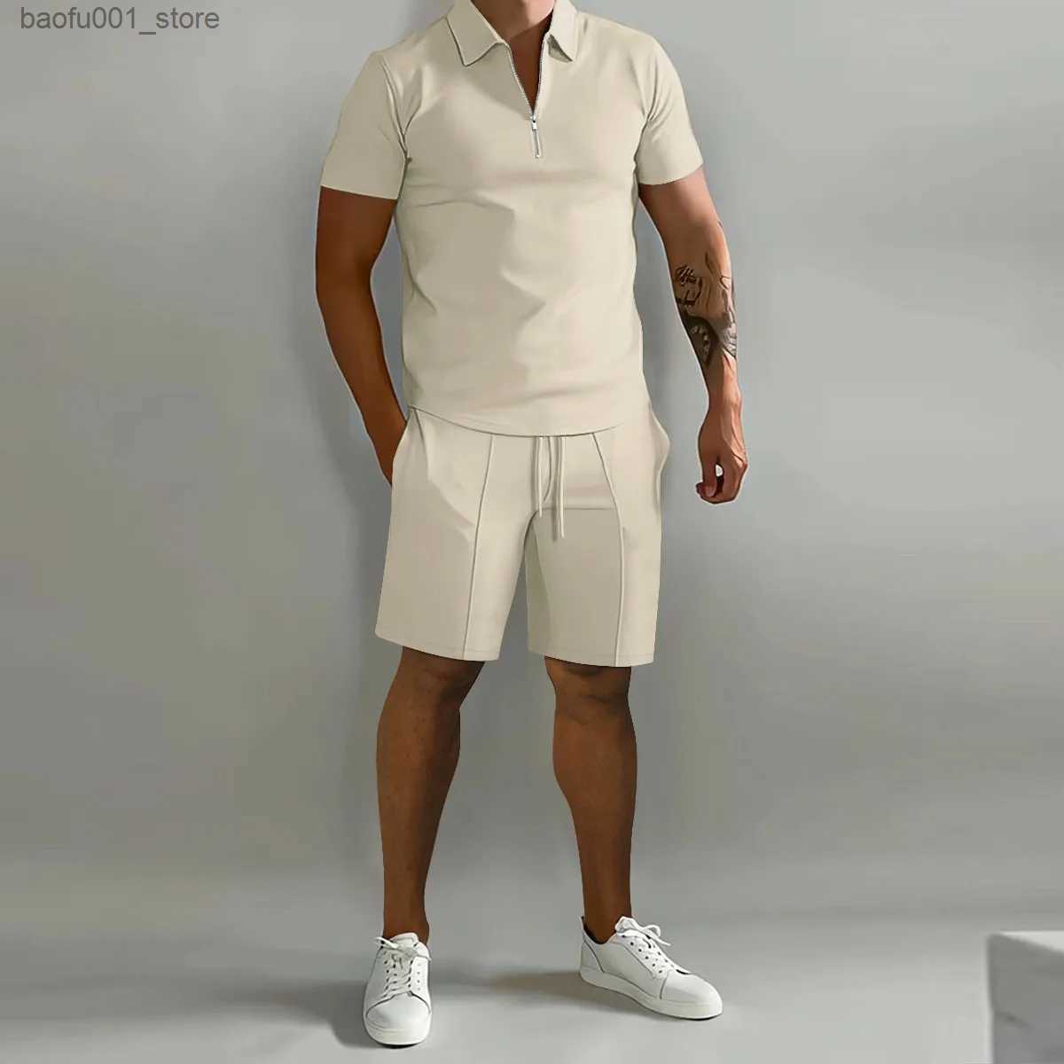 Men's Tracksuits Summer casual mens two-piece short sleeved zippered polo shirt and shorts set mens Hawaii solid color two-piece set Q240228-image-946297894