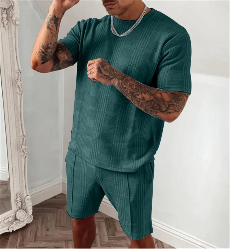 Mens Summer Tshirt Set 3D Printing Solid Sport Fashion Jogging Suit Leisure Beach Resort Oversized Round Neck 240219Z