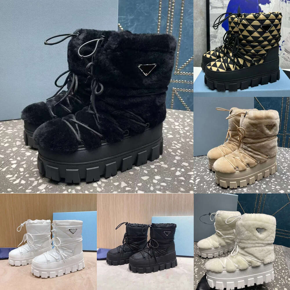Letter P Snow Boot Nylon Moonlith Boot Martin Plaque Ankle Ski Boot Slip Round Luxury Designer Lace Up Shoes