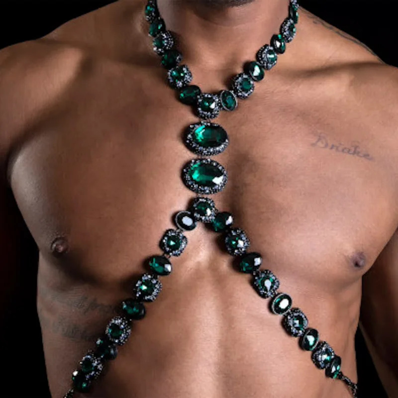 2026 Men 1:1 cologne Iced Green Crystal Rhinestone Body Harness Chain, Punk Statement Collar Necklace, Luxury perfume Inlaid Gemstone Bra Chain Part