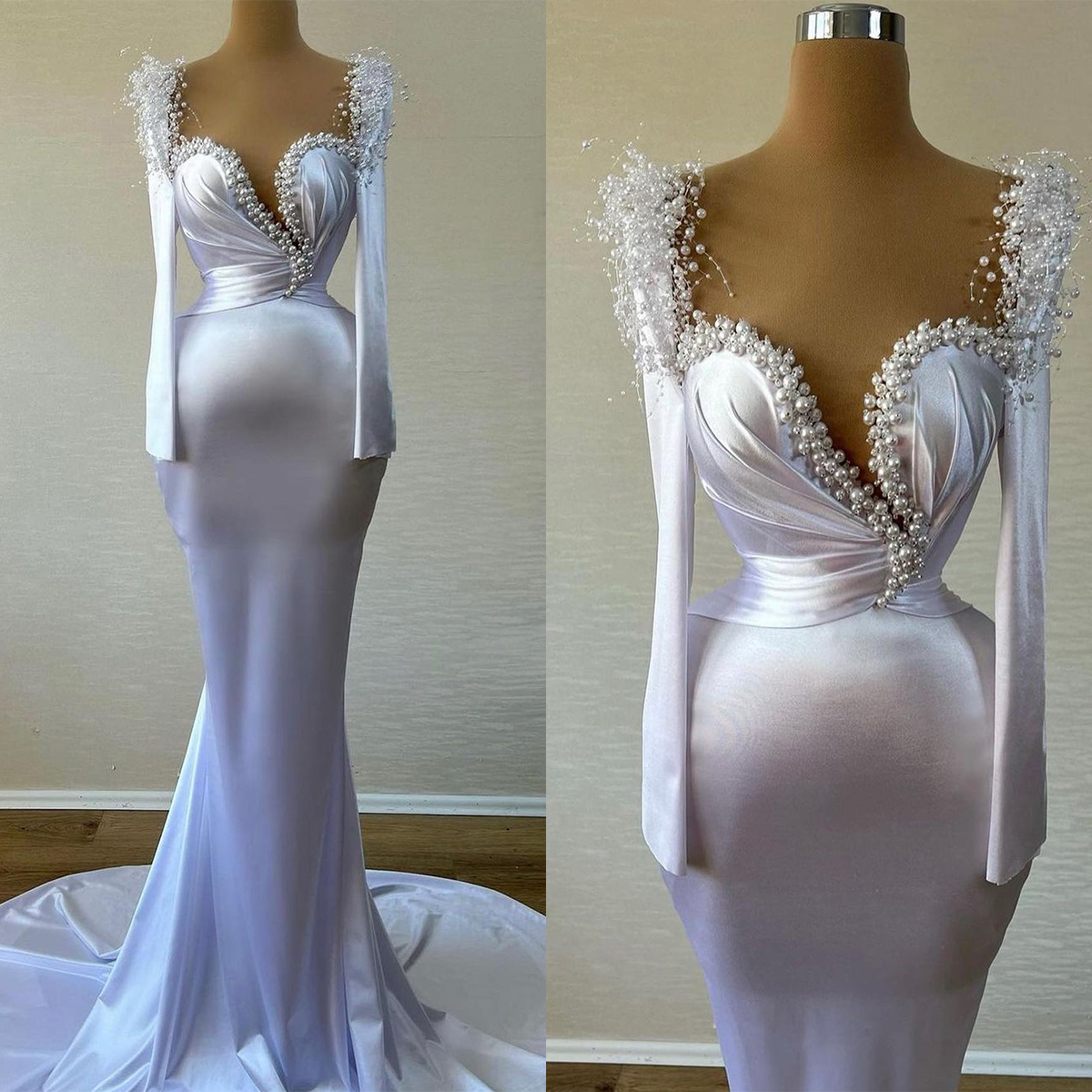 Simple Pearls Mermaid Wedding Dress Bridal Gowns Long Sleeves Satin Bride Dresses Custom Made Vestido De Novia Plus Size 6660314