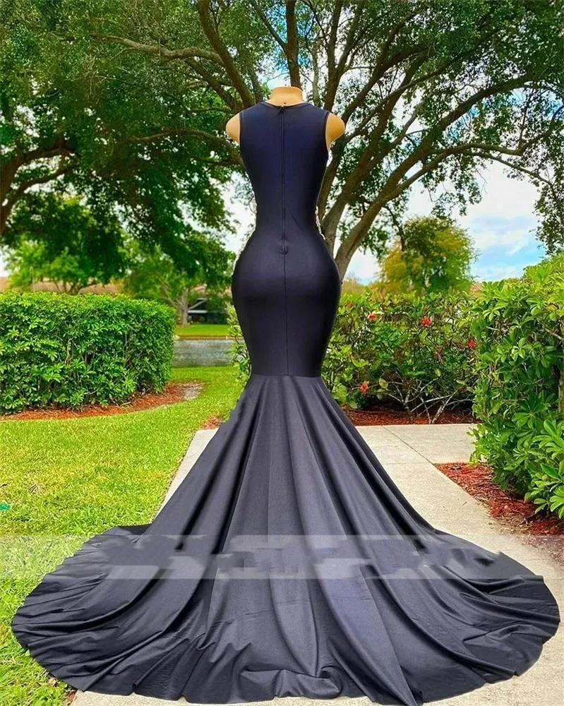 Black O Neck Long Prom Dress 2023 For Arabic Women Beaded Birthday Party Gown Appliques Evening Gowns Mermaid Robe De Soiree