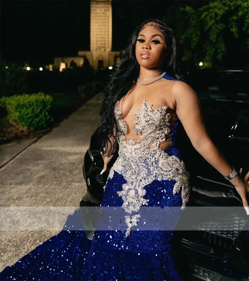 2024 Royal Blue Sequins Beaded Appliques Prom Dresses For Black Girls Sheer Neck Sweep Train Mermaid Formal Occasion Gowns