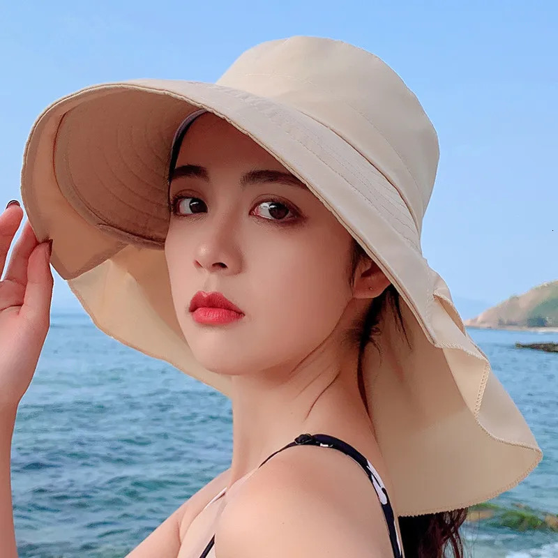 Sparsil Womens Summer Hat for The Sun Wide Brim UV Neck Protection Solar Beach Hats Foldable Ponytail Travel Sun Panama Caps 240601