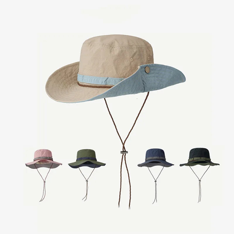 Summer Travel Quick-drying Caps for Women Korean Retro Color Matching Outdoor Hiking Big Brim Bucket Hats for Men 240601