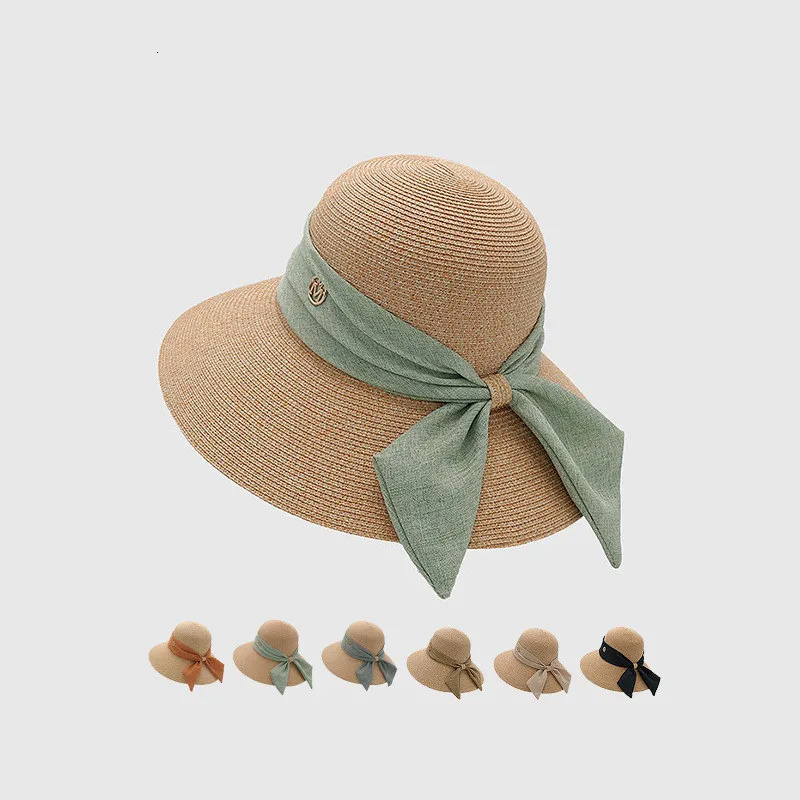 Womens Wide Brim Ribbon Beach Hat Ladies Summer Outdoor Bucket Hat Breathable Sun Hat Fashionable Straw Hat Foldable 240601