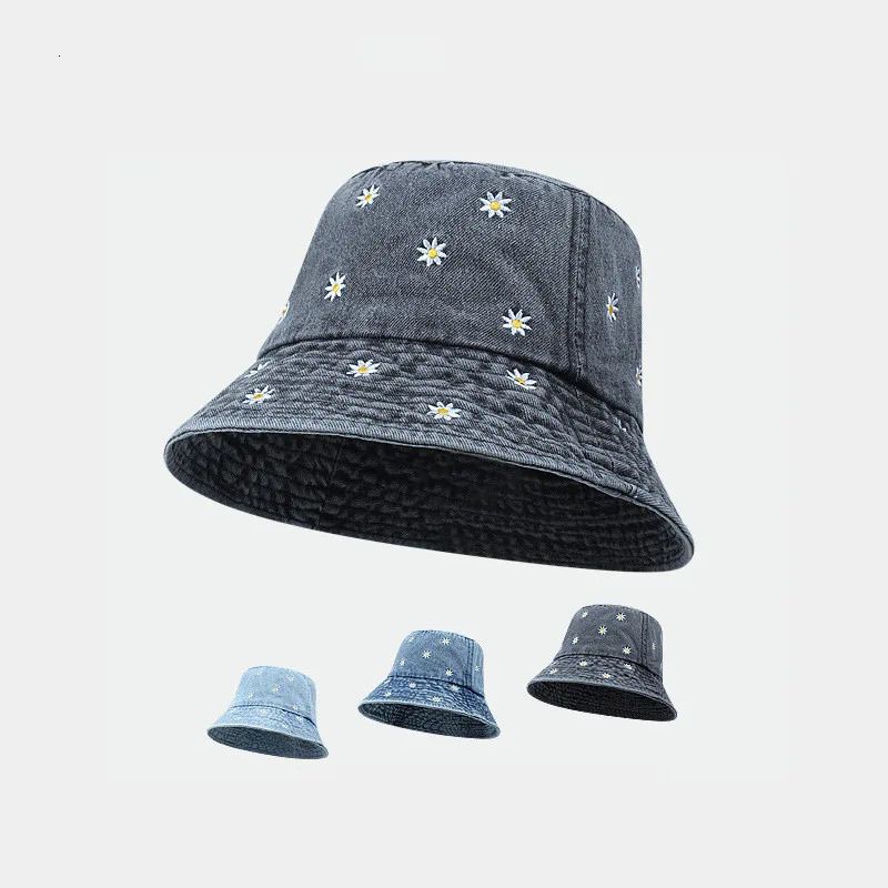 Vintage Washed Denim Bucket Hat Flower Embroidery Foldable Fishing Fisherman Hat Outdoor Travel Beach Sun Hats For Women Men 240601