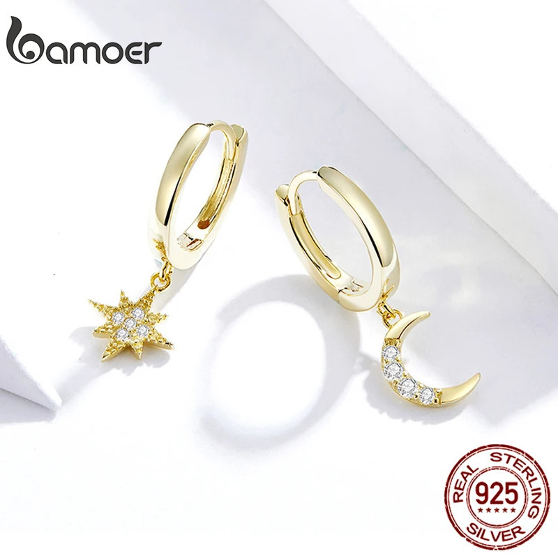 Genuine 925 Sterling Silver Moon and Star Dangle Earrings with Charm Plated In Gold Trends Earrings 240601