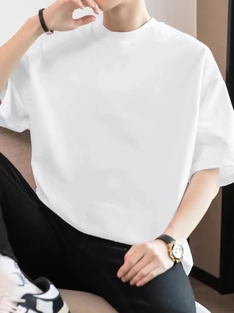 Pure cotton shortsleeved Tshirt mens round neck summer solid color trendy wide Loose halfsleeve bottoming shirt 240513