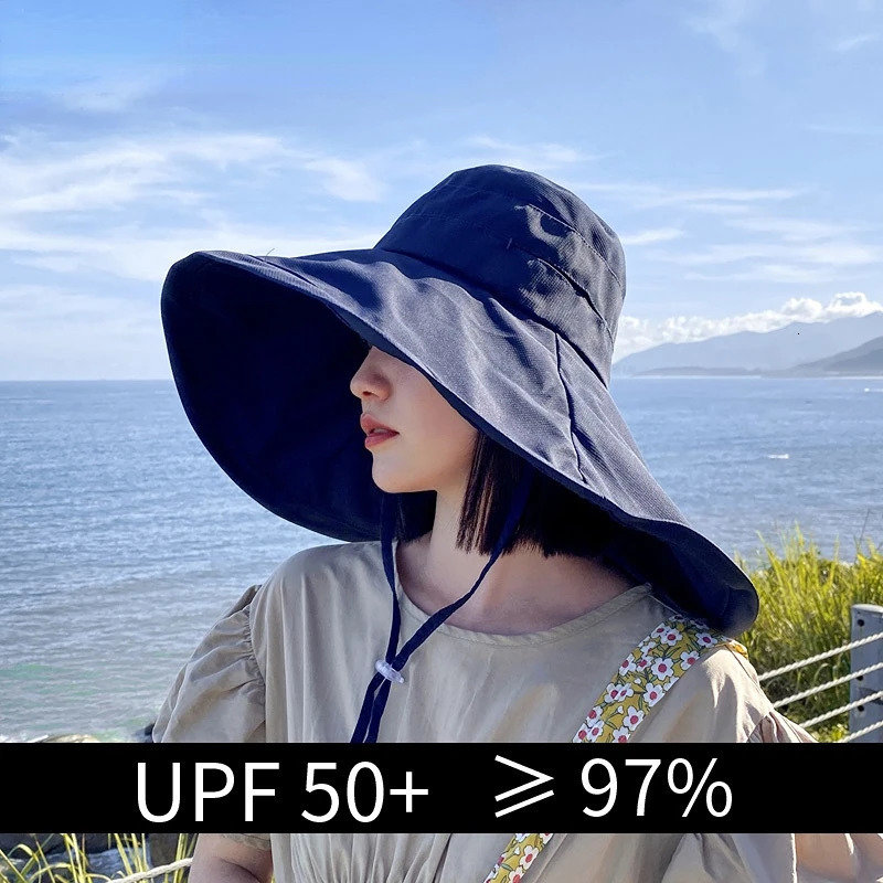Wide Brim UPF 50 Sun Hat Women Anti-UV Protection Hiking Fisherman Cap Fold Summer Solid Beach Bucekt Hat 240601
