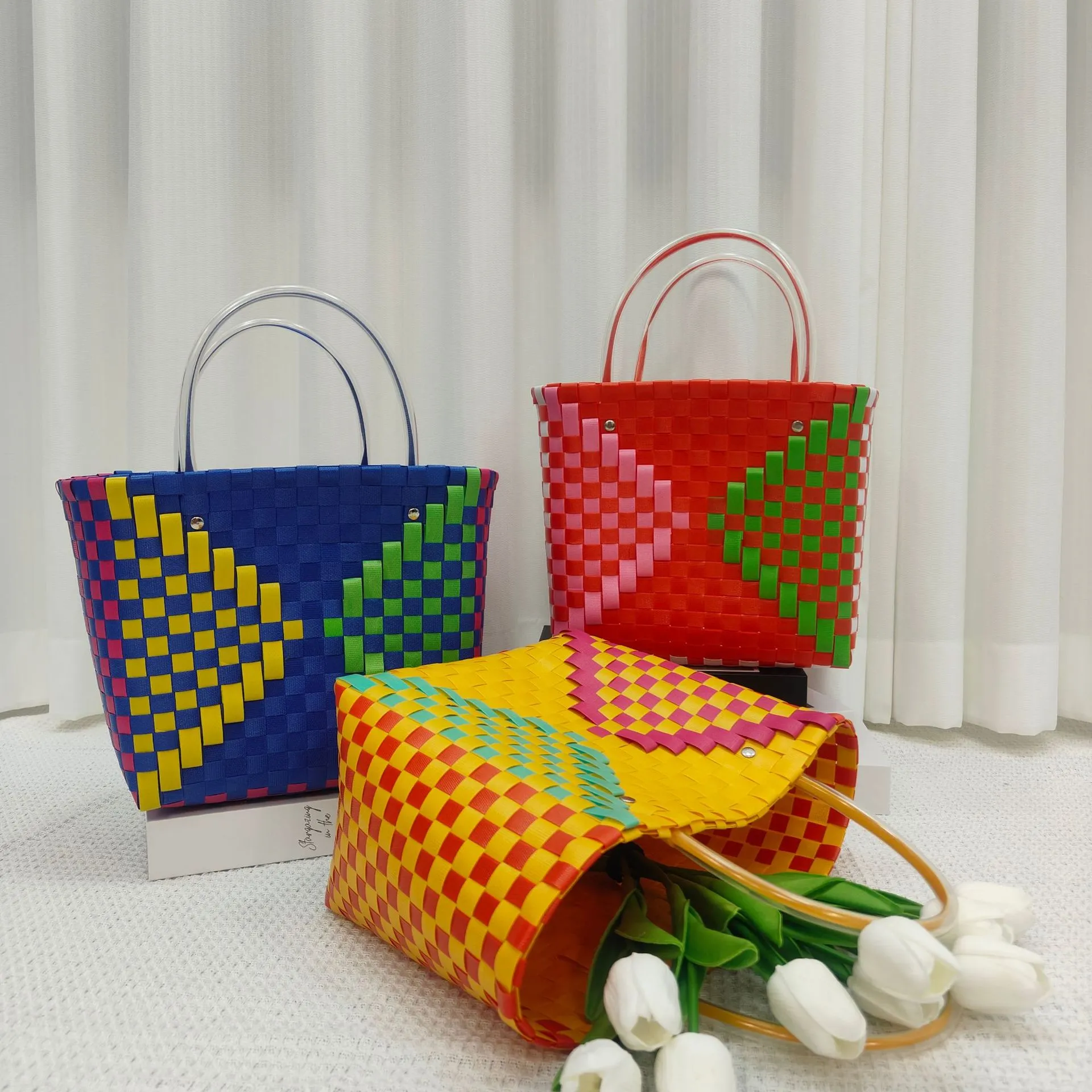 New Hand-woven Plastic Vegetable Basket Lunch Box Bag Vegetable Basket Souvenir Basket Woven Basket Woven Bag-image-984582294