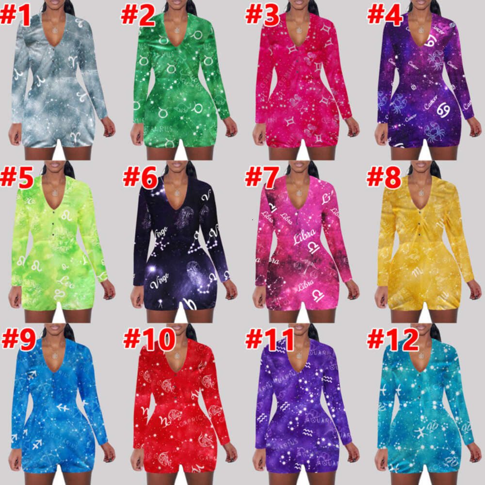 Designer 12 Constellations Long Sleeve Pajamas Jumpsuits High Qulity Womens Bodysuit Printed Deep V Nightclub Tights Rompers