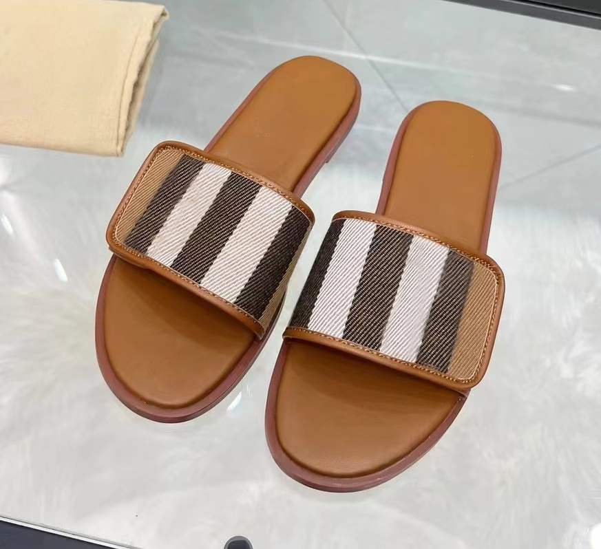 Designer Fashion Women's Sandals Designer Flat Heel Slippers Canvas Leather Sole Women's Beach Slides 27488 EU 35-43-image-984821293