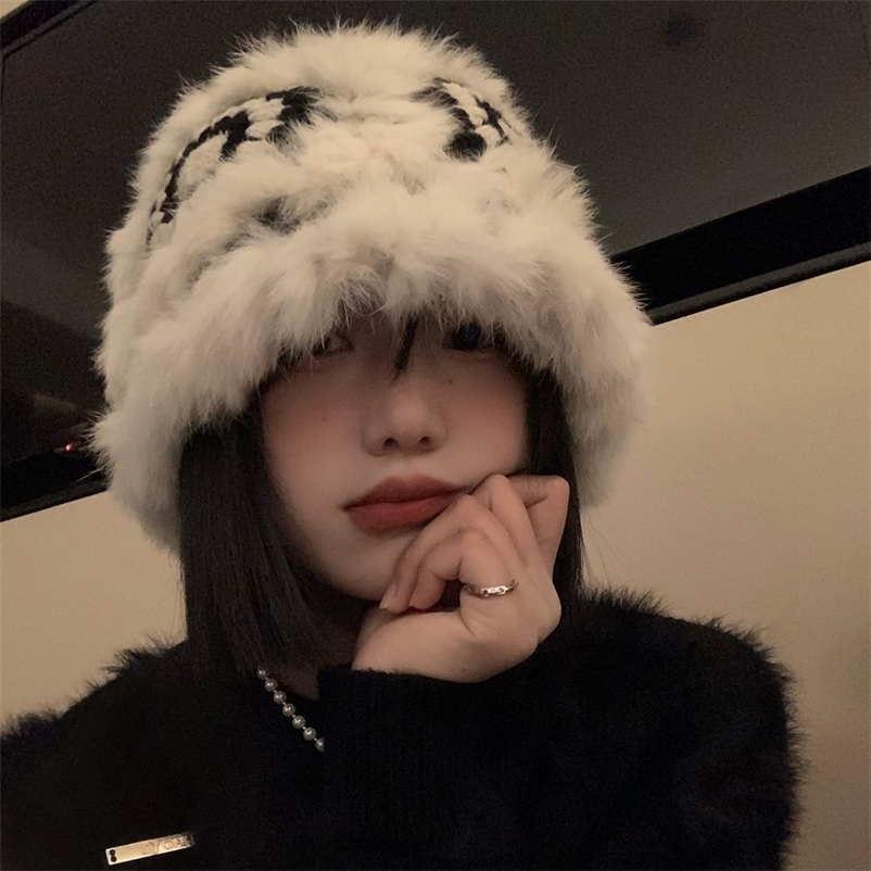 Wide Brim Hats Bucket Hats China-Chic Bucket Hats for Women Winter Warm Cute Plush Cap Big Head Waist Casual Rabbit Fur Knitted Fisherman's Cap