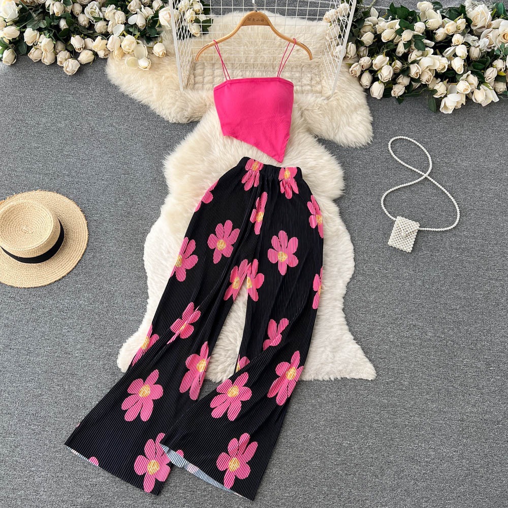 Women's Two Piece Pants Elegant Flower Print Pleated Pants Set Strapless Suspender Top Flare Trousers Suit Pant Set Matching 230511