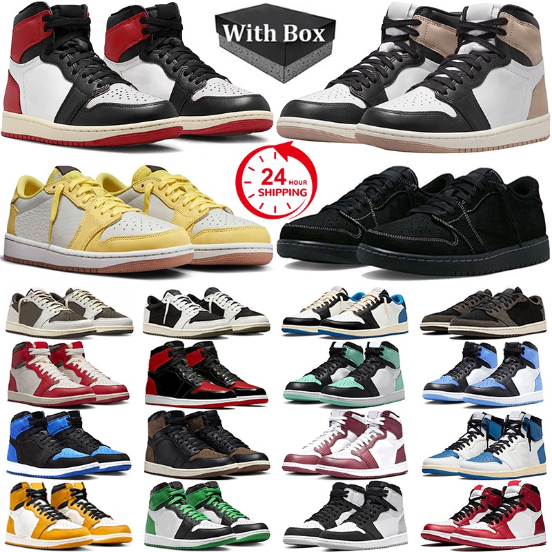 With Box Men Women 1 Basketball Shoes 1s Lost Found Green Glow Black White low Olive Black Phantom Reverse Mocha Satin Bred Patent Mens Trainer Outdoor Sneakers 