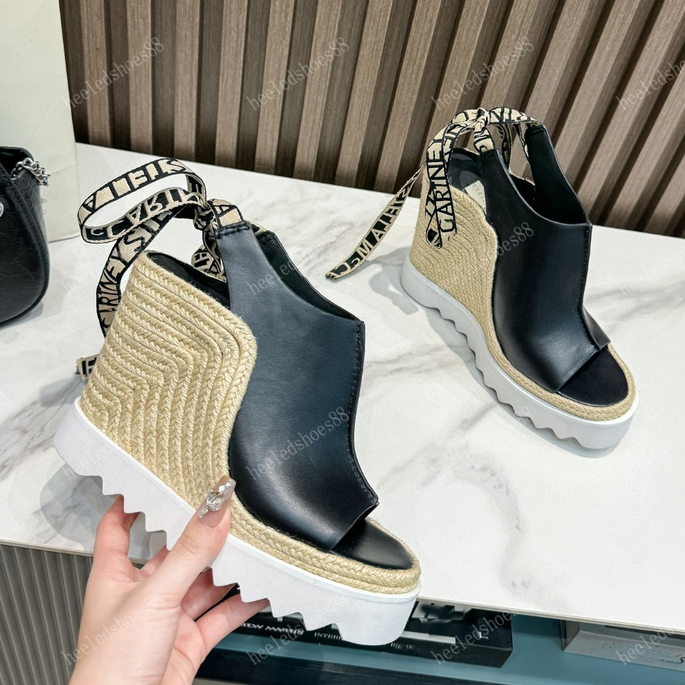 Wedge Sandals Designers shoes EUR34 Top quality Cowhide leather thick soles Straw shoe lace up 13CM high heeled Ankle Strap Roman sandal for wome