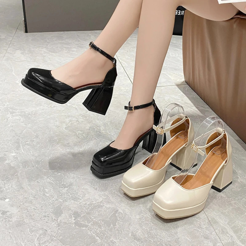 Heels Women Trend Chunky Heels Square Toe Platform Shoes Retro Mary Jane Sandals Female Student Japanese Uniform Dress Shoes 240605