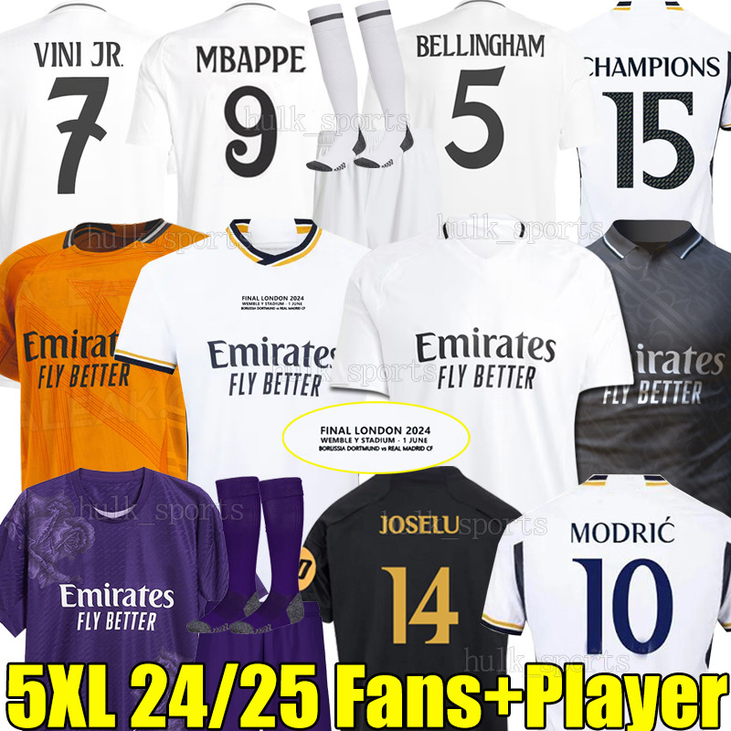 5XL 23/24/25 BELLINGHAM Final soccer jerseys MBAPPE VINI JR JOSELU RODRYGO MODRIC BRAHIM CARVAJAL ARDA GULER VALVERDE 2024 2025 men kids kit socks sets football shirts 
