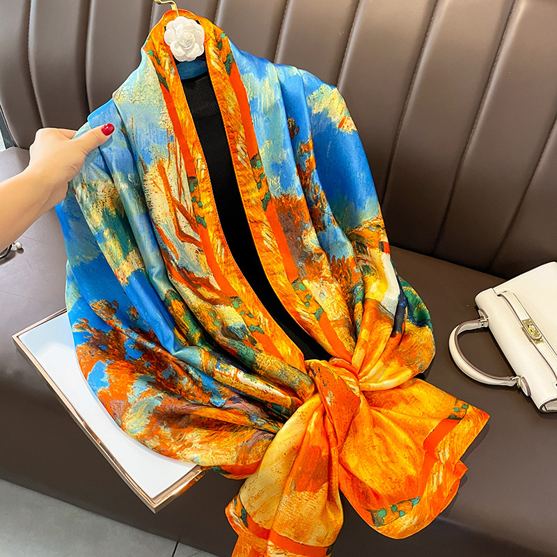 High-End Velvet Sunscreen Scarf Korean Style New All-Matching Printed Artificial Silk Womens Scarf Decorations Thin Outer Match Shawl Beach 98*18