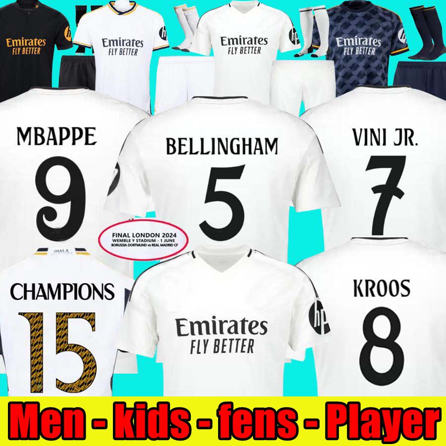 23 24 25 FANS Player Soccer Jerseys RODRGO Camiseta Football Jerseys VINI JR GULER Mbappe Football Shirt Kids Bellingham 2023 2024 Real 4th MadridS KROOS JUSELO final 