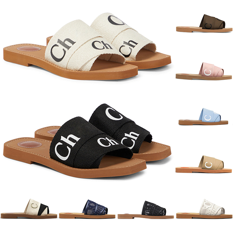2024 Designer woody sandals women mules flat slides Light Tan Beige White Black Pink Blue Brown lace lettering fabric canvas slippers summer beac-image-985960714