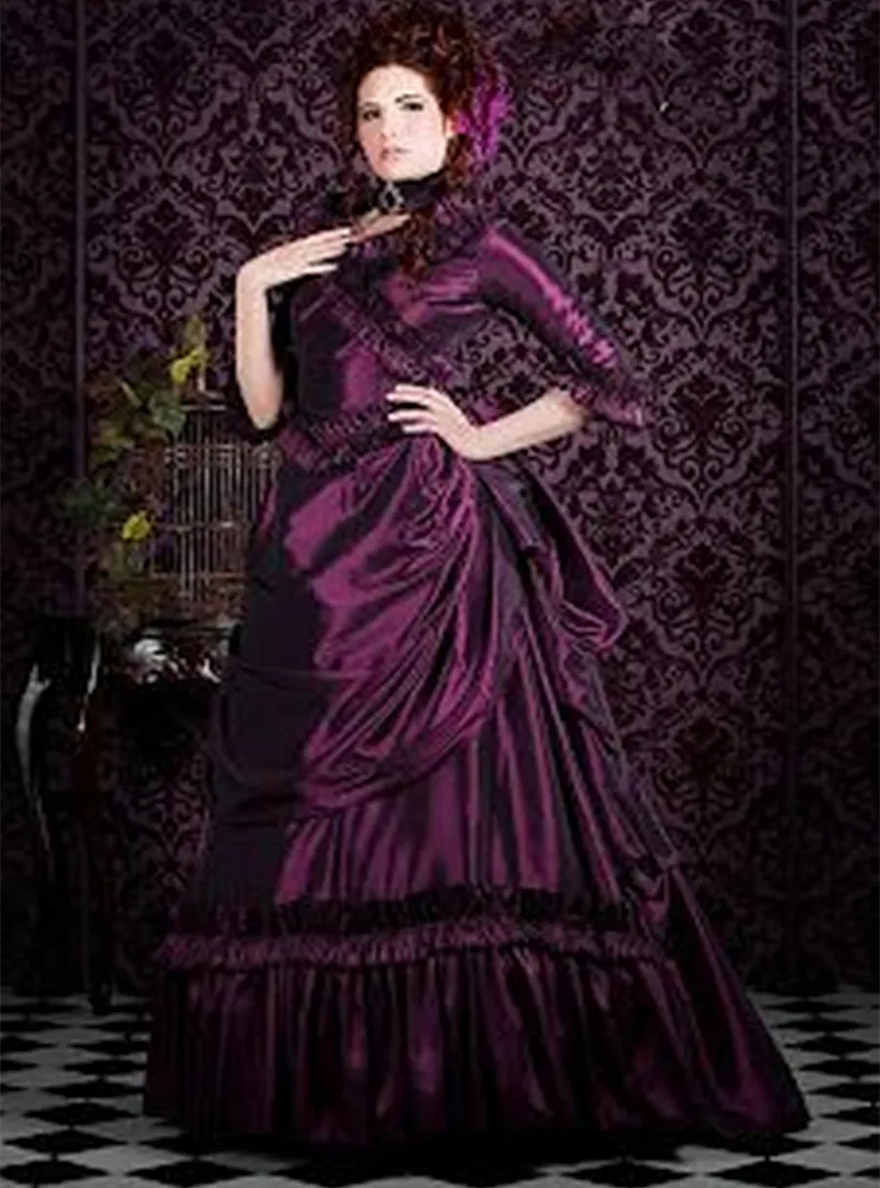 Vintage Victorian Grape Satin A LINE Robes de mariée 2024 Half Long Sleeves Plus Taille Bridal Party Robes