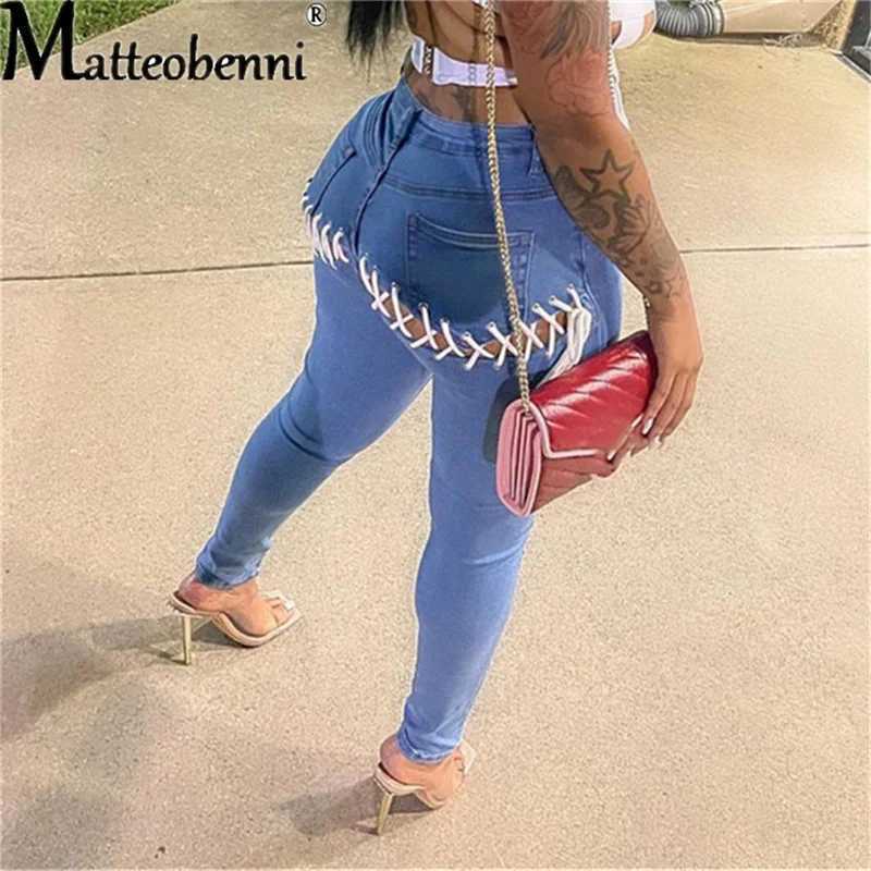 Women's Jeans Sexy Buttock Lace Up Blue Ripped Skinny Indie Jeans Strt Women Push Up Butt Bandage Distressed Denim Pencil Pant Y240604GCV1-image-985917069