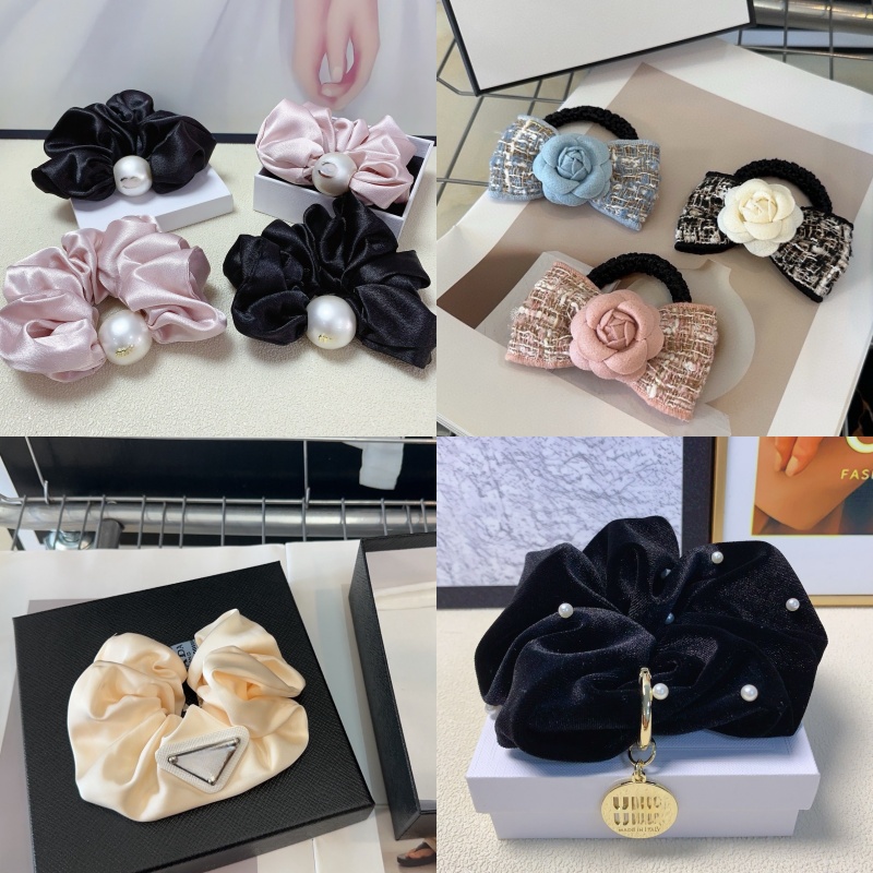 Hypoallergenic nylon yarn scrunchie designer purple black green colorful triangle tag elastic rubber band attractive lovely hair tie designer tre-image-986034466