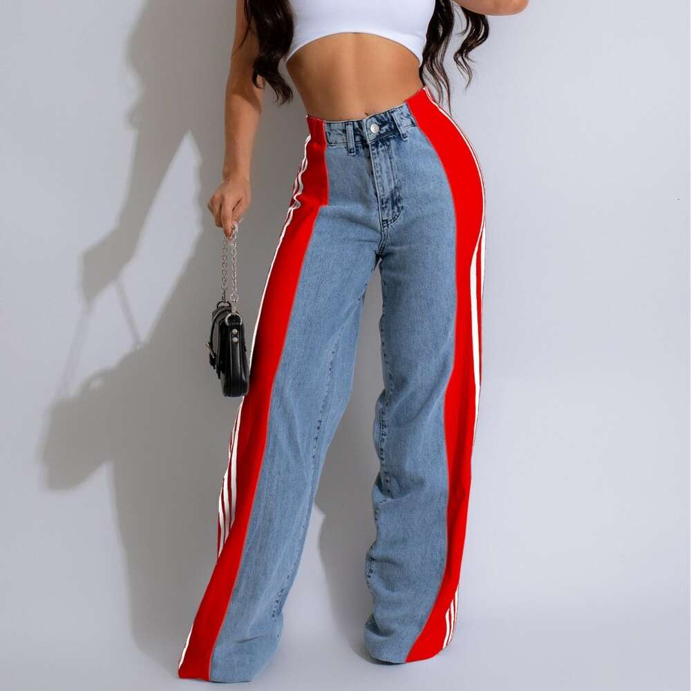 Designer Womens Jeans Pants Summer Splicing Stripe Wide Leg Denim Trousers Fashion Casual High Waist Elastic Straight Leg Pant S25822