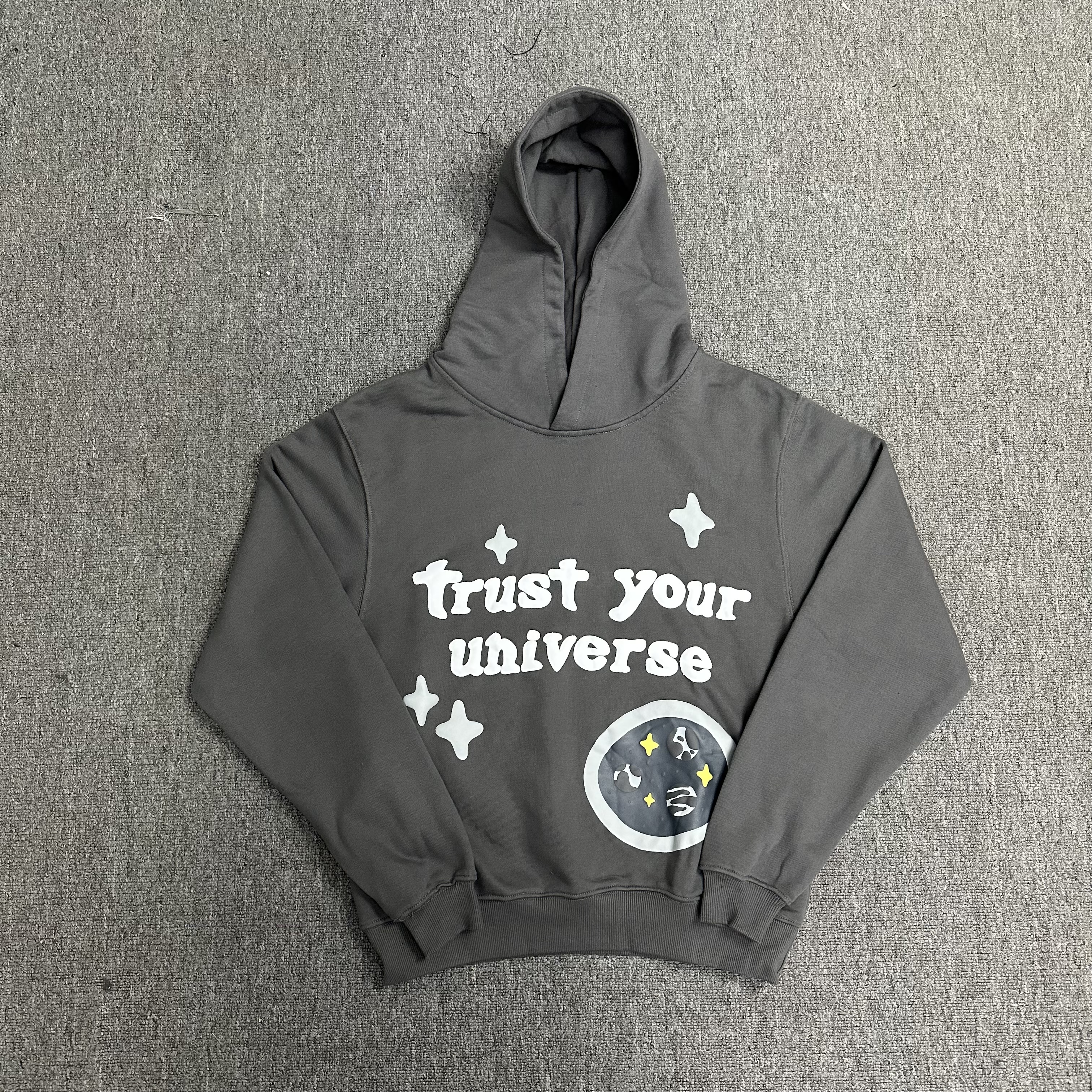 Plaent Designer Cosmic Theme Printed Hooded Sweatshirt For Men Dark Grey Oversized Pullover Hoodie With Four Pointed Star Decor Leisure Plantets Hoo