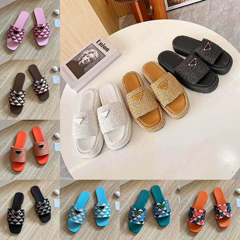 Designer Sandals Women Summer Crocheting Platform Sandles Genuine Triangle leather Room Beach Slippers Mules Black White Beige pantoufle slides l