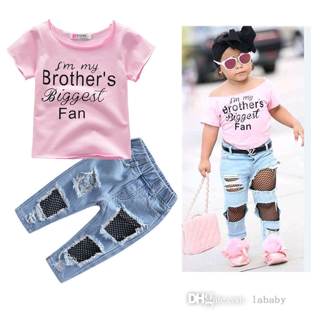 Kids Tracksuit Baby Girls Clothes Pants Sets 2024 Summer Two Piece Set Letter Printed T-shirt And Chic Ripped Jeans 2Pcs Casual Suit Oufits-image-986841141