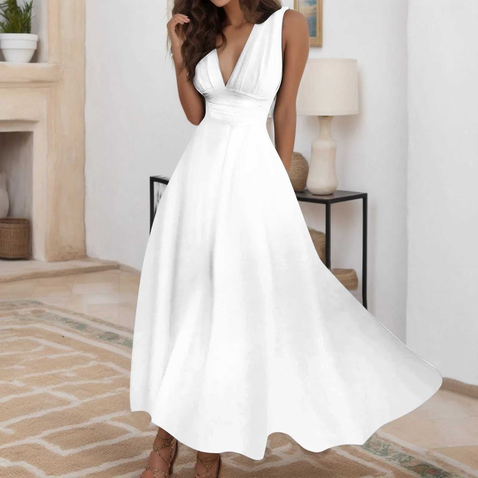 Basic Casual Dresses V-neck Party Long Dress Women Night Dresses White High Waist Dance Wedding Prom Bridesmaid Maxi Y2k Dresses Summer Vestidos-image-986450580