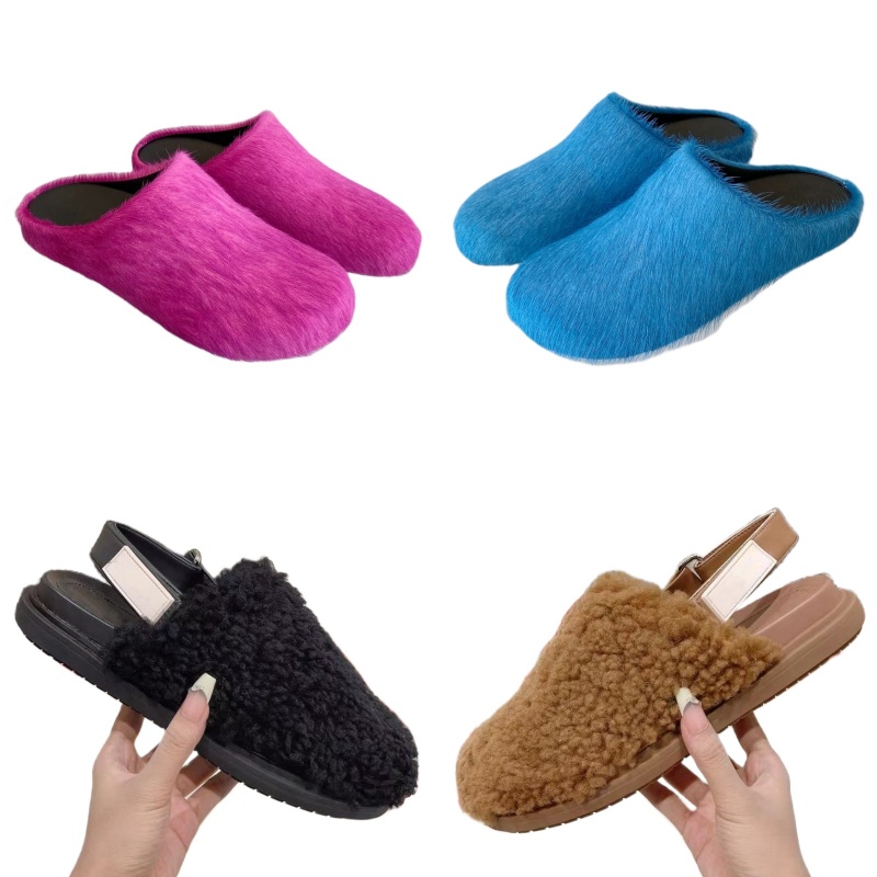 Slippers women's plush designer shoes luxury warm platform shoes hook&loop half slippers soft bottom beach shoes round toe non slip winter i-image-986423310